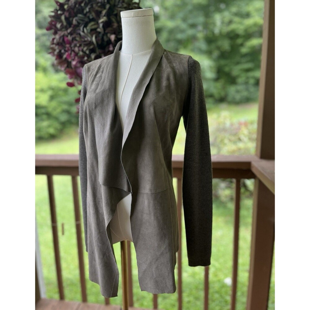 Elie Tahari Gray SuedeMerino Open Front Draped Collar Long Jacket Women’s Size S